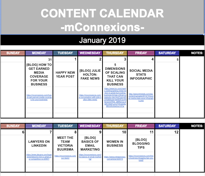 Social Media Planning - mConnexions Calendar