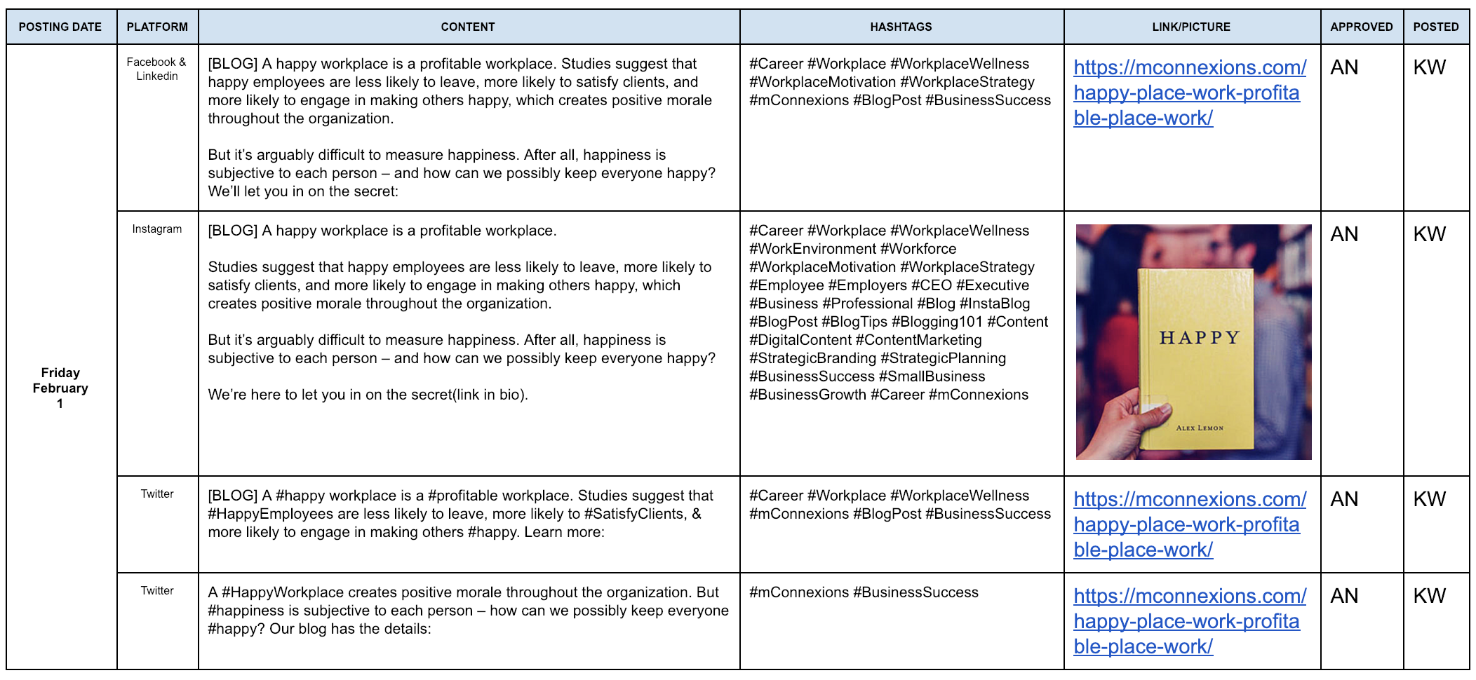 Social Media Planning - mConnexions Calendar