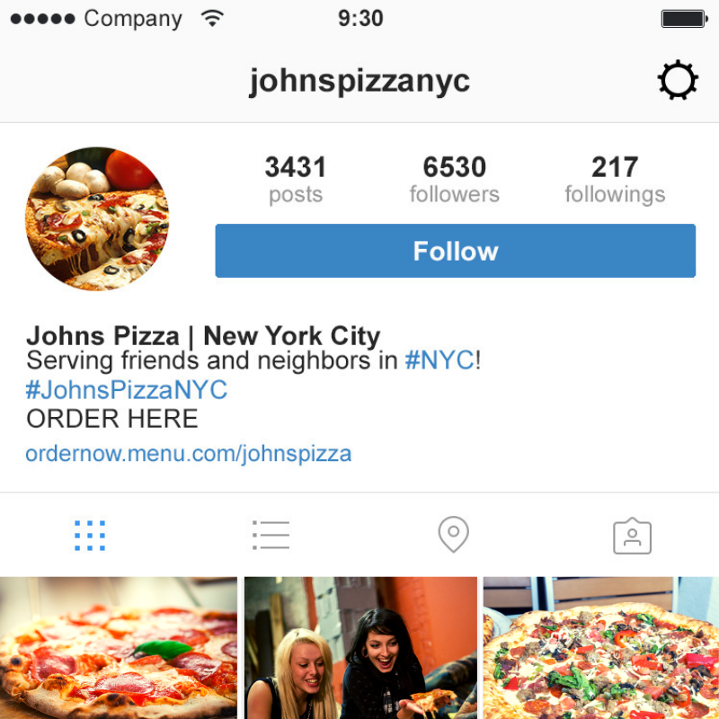 Instagram name example on feed of Johns Pizza NYC.