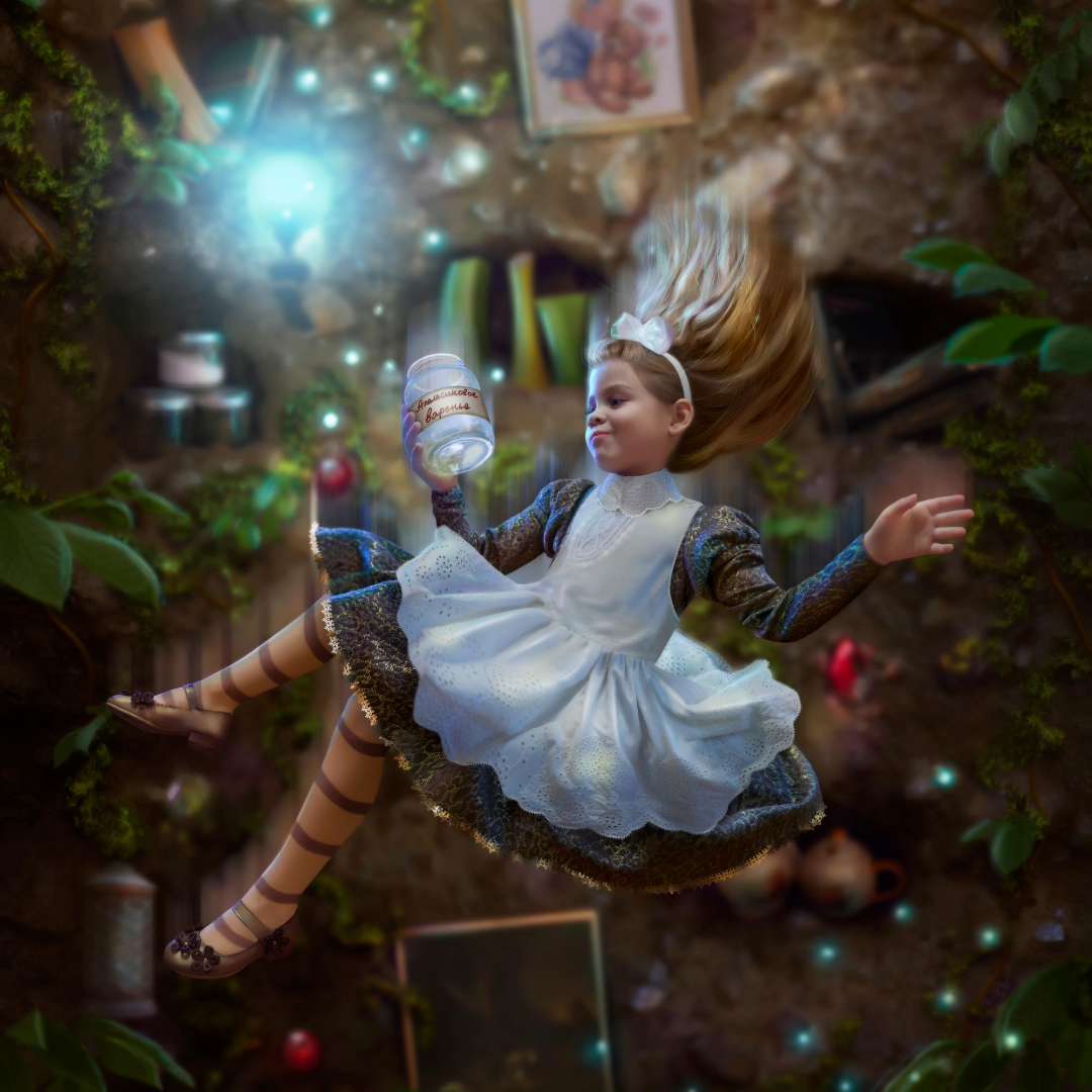 Alice in Wonderland style art with Alice "falling down the hole" with magical objects and colors around her.
